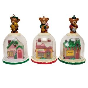 VTG 80s‎ Teddy Bear Dome Christmas Ornaments 3 Pc Set Village Store Toys Candy